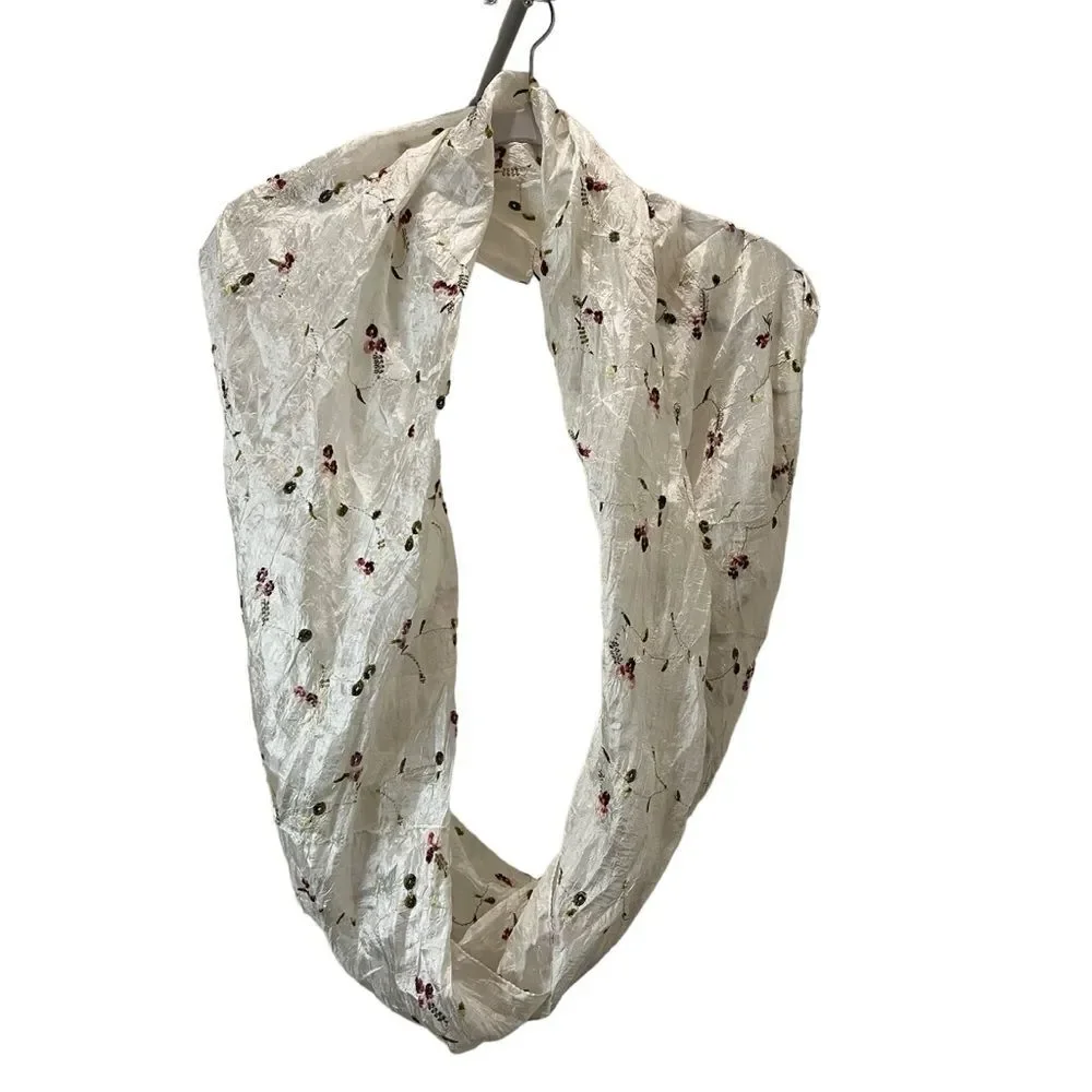 Womens Silk Blend Floral White Pink Embroidered Infinity Scarf Cottage Core